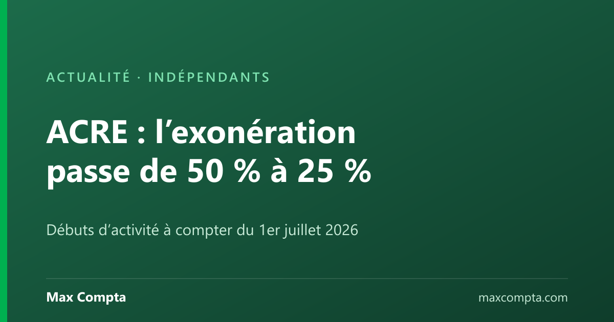 ACRE, exonération ramenée de 50 % à 25 % au 1er juillet 2026, Max Compta